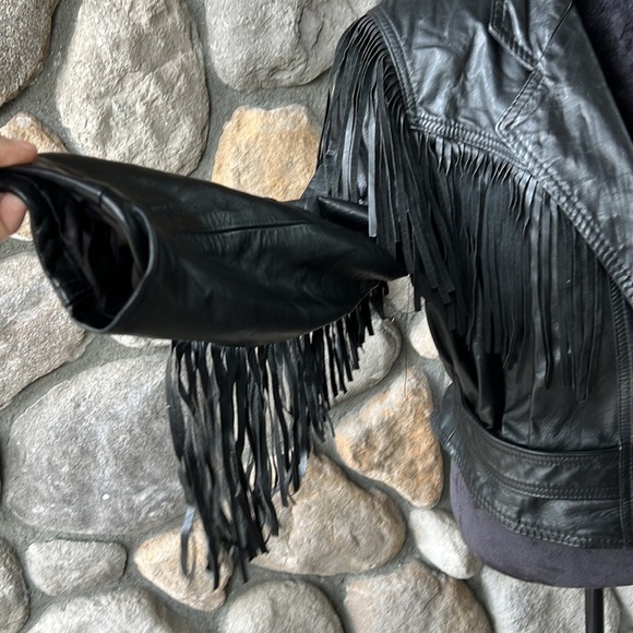 GIII Black Leather Fringe Moto Jacket Size‎ Large - Picture 5 of 16